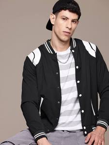 แจ็คเก็ตโพลีเอสเตอร์สีดำสำหรับผู้ชายเสื้อแจ็กเก็ตคอปกแบบมีกระดุมและตัวอักษรสำหรับนักเบสบอลวิทยาลัย - Product Image 3