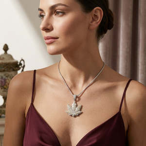 Collier de Luxe en Argent Poli Miroir avec Pendentif Feuille d'Érable Glacée et Moissanite Impériale Entièrement Sertie, Bijou Tendance et Culturel - Product Image 1