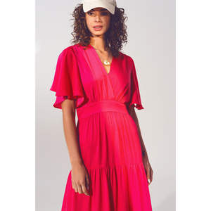 Vestido Maxi Boho con Cuello en V y Detalles Drapeados, Color Fucsia, Transpirable, Cintura Natural, Talla Única XS para Uso Diario y Fiestas, Logotipo Personalizable - Product Image 4