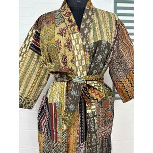 <b>Kantha</b> Pure Cotton Reversible Short Kimono Women's Beige Brown Patchwork <b>Jacket</b> Swimsuit Cover Ups - Product Image 2