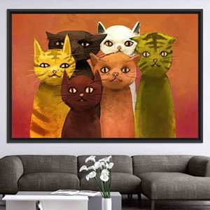 Printed Canvas Artwork: Personalized Six Cats Painting for Cat Lovers,BLACK <b>FRAMED</b> CANVAS - Product Image 1