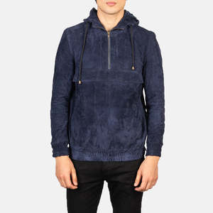 Kenton Genuine Sheepskin <b>Leather</b> Aviator Pullover <b>Jacket</b> Blue <b>Suede</b> Hooded Puffer Coat Zippered Closure Sizes XS 6XL for Autumn - Product Image 1
