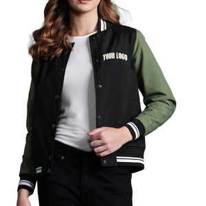 Vente en gros de patchs de broderie personnalisés pour femmes, veste universitaire à col montant et manches en cuir biologique, vêtements d'automne pour femmes. - Product Image 5