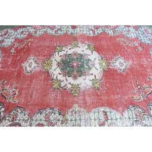 พรมตุรกีขนาด 6x8.6 ฟุต สีแดงเขียวลายจุด ทำจากขนสัตว์ วินเทจ - Product Image 4