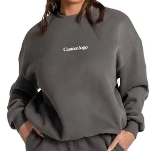 Wholesale Winter Warm Fleece 100% Combed Cotton Long Sleeve custom Color Pullover Sportswear Crewneck Sweatshirt Women