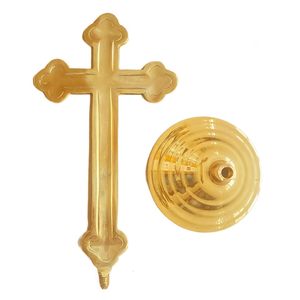 Estatua de cruz cristiana de latón con base redonda para decoración del hogar acabado dorado - Product Image 4