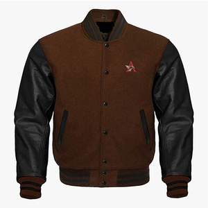 เสื้อแจ็คเก็ตเบสบอลวินเทจสำหรับผู้ชาย แขนหนัง ปักลายทาง ฤดูใบไม้ร่วง ฤดูหนาว  ผ้าขนสัตว์  พร้อมตัวอักษร - Product Image 3