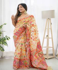 BANARASI DE MODA SUAVE SEDA TEJIDO TRABAJO SAREE CON BLUSA SIN COSTAR DESPIECE PRECIO AL POR MAYOR ROPA ÉTNICA AMARILLO CLARO - Product Image 2