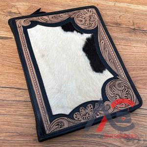 Multifunction Folder for Business Men & Women Zippered Hand <b>Tooled</b> <b>Leather</b> Portfolio With 3 Rings Folder Cowhide Binder Padfolio - Product Image 1