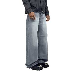 Vintage Distressed Stonewashed Button Custom Print Logo Baggy Wide Leg Jeans Men's Denim Streetwear Wholesale - Product Image 1