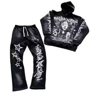 ACID WASHED Tracksuit Distressed Embroidery logo 450gsm Tracksuit for Men Flared <b>Hoodie</b> and Sweat Pants Sets Zipper Tracksuits - Product Image 6