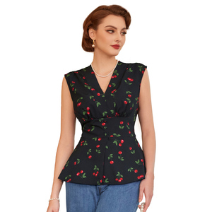 Blusa BP feminina com fenda frontal, sem mangas, gola V, cintura elástica, vintage, floral, top de cereja para mulheres, dos anos 50