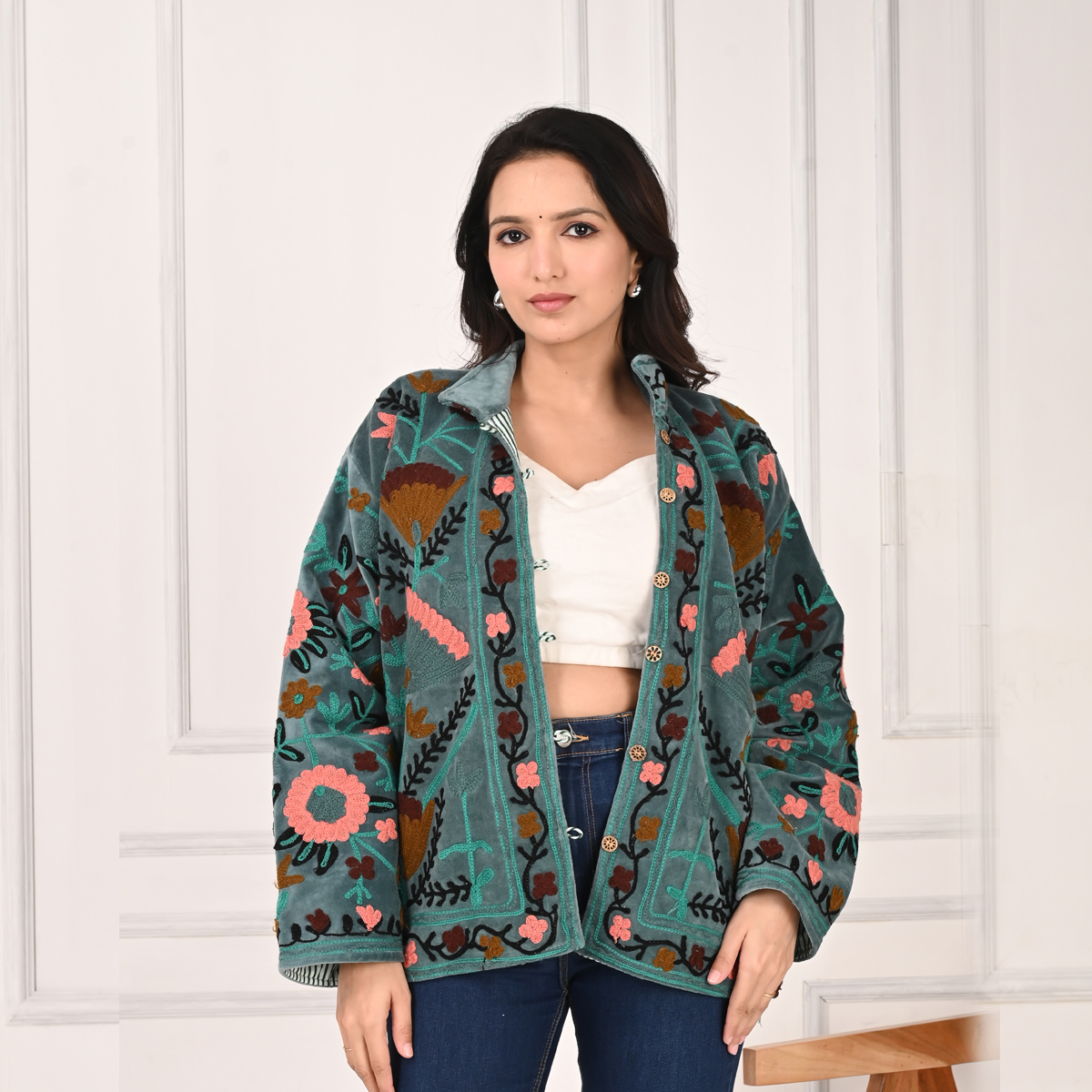 Embroidered Jacket Velvet Quilted Coat Velvet Embroidered Coat
