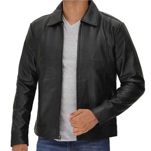 Veste en cuir pleine fleur noire et ivoire élégante et tendance, coupe ajustée, fermeture éclair, 100% cuir, pour homme, 2026 - Product Image 1