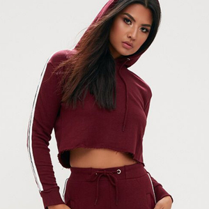 Haut court à manches longues pour femmes avec rayure dame pull à capuche broderie décoration grande taille motif solide - Product Image 2