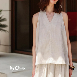 Chaleco Halter de lino y algodón informal con cuello en V, camisa suave y transpirable para bodas y fiestas, ajuste relajado, Top amigable para viajes - Product Image 4