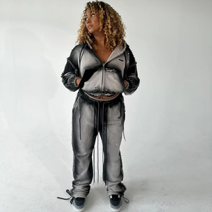 Survêtement Jogging à Capuche Zippé pour Femme, Style Urbain Vintage, en Molleton Bouclette, avec Broderie Effet Vieilli, Personnalisé par le Fabricant - Product Image 1