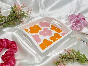 Plateau de service rectangulaire en bois fait main de luxe avec motif cactus rose et carreaux jaunes, plateau décoratif pour la table de la maison - Product Image 4