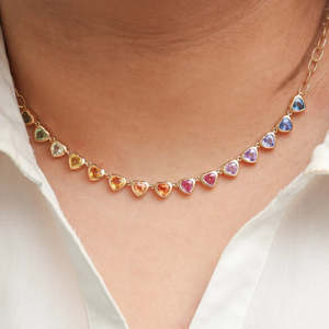 Collier pour femme en or pur 14 carats avec chaîne à maillons, serti de saphir arc-en-ciel en forme de cœur, nouveau style tendance, bijoux délicats - Product Image 2