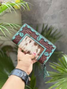 Bolso de mano de cuero de moda occidental con estilo, Cartera de piel de vaca Vintage, cremallera, tallado a mano, funda de teléfono multifuncional - Product Image 2