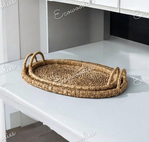 Bandeja de servicio redonda de ratán tejida a mano de nuevos diseños, juego de bandejas de ratán de tejido Natural de 2 bandejas de cesta de cuerda de yute con asa - Product Image 3