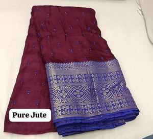 Pure Jute Fabric Premium Pure Jute <b>Silk</b> Saree inRed ContrastPurple Zari BorderAll-Over Floral Buttis Designer <b>Red</b> PureJute Saree - Product Image 3