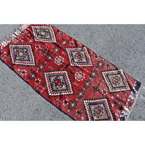 Alfombra Kilim de área grande, rojo y beige, 2,7x5,7 pies, tejido plano, lana turca, pelo de felpa, altura, patrón rectangular para alfombra de habitación de pasillo - Product Image 4