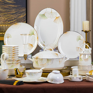 Bộ đồ ăn sứ xương cao cấp màu trắng, đĩa ăn sang trọng, đồ sứ gốm cao cấp, bộ đồ ăn bằng đá mài vàng 2024 - Product Image 1