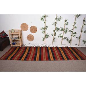 Grand tapis turc rustique rouge noir vintage en laine de 3.6x10,5 pieds avec motif patchwork de support en latex pour décoration de couloir ou de chambre - Product Image 1