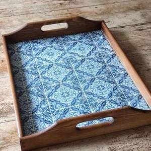 Plateau de service artisanal en bois Art Déco avec travail Meena pour la maison, la cuisine, la table à manger, organisateur utilitaire - Product Image 3