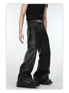 Pantalon large pour homme en PU noir, taille haute, avec ceinture, style streetwear décontracté - Product Image 5