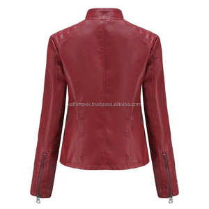 Venta al por mayor OEM/ODM transpirable vino motorista chaquetas de cuero de las mujeres Slim Fit acolchado hombros Stand Collar cierre de cremallera personalizado - Product Image 2