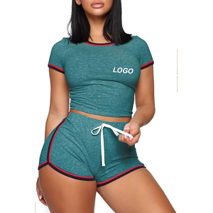 F240249 Women <b>Lounge</b> Wear Custom Summer <b>Two</b> <b>Pieces</b> New Solid Color Short-Sleeved Crop T-Shirt Casual Shorts Legging Suit <b>Set</b> - Product Image 6
