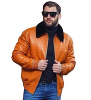 Chaqueta de Motociclista de Cuero con Grabado de Cocodrilo para Hombre, Cuello Camisero, Cierre de Cremallera, Manga Regular, Talla Grande, Estilo Otoñal