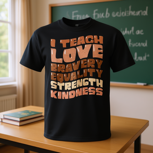 Camiseta Promocional para Maestros con la Frase: Enseño Amor, Coraje, Igualdad, Fuerza y Bondad - Product Image 3