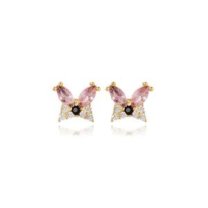 Petites boucles d'oreilles en forme de papillon rose avec pierre CZ, fabrication turque artisanale, vente en gros, bijoux en argent sterling 925 - Product Image 1