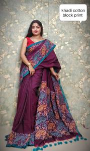 Por encargo tradicional artesanal hecho Khadi algodón Saree amarillo granate bloque estampado uso diario étnico drapeado - Product Image 3