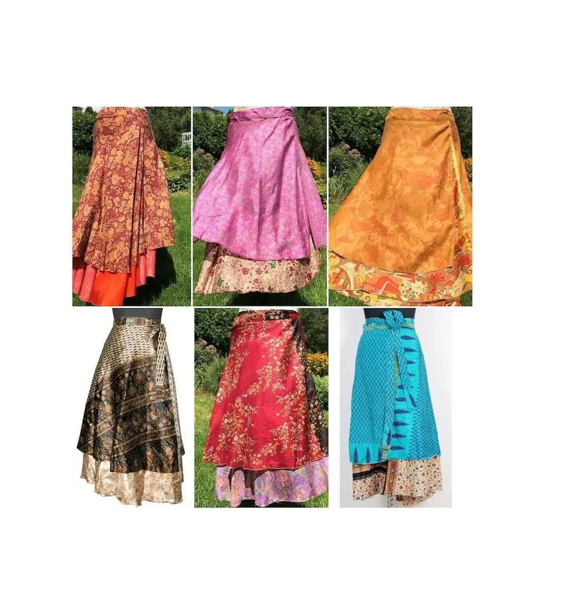 Indian Long Silk Sari Skirts Reversible Silk Wrap Skirt Women double layer silk Wrap skirt vintage magic reversible longs