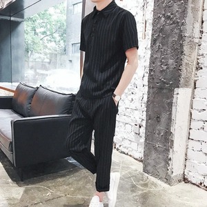 2024 tendencia básica camiseta a rayas conjuntos de pantalones para hombres estético negro algodón estampado cintura alta suelta ajuste verano sudadera pana - Product Image 4