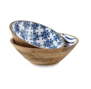 Handcrafted Mango Wood <b>Serving</b> <b>Bowl</b> Blue And <b>White</b> Floral Print Decorative Salad <b>Bowls</b> Vintage Wooden <b>Bowl</b> - Product Image 4