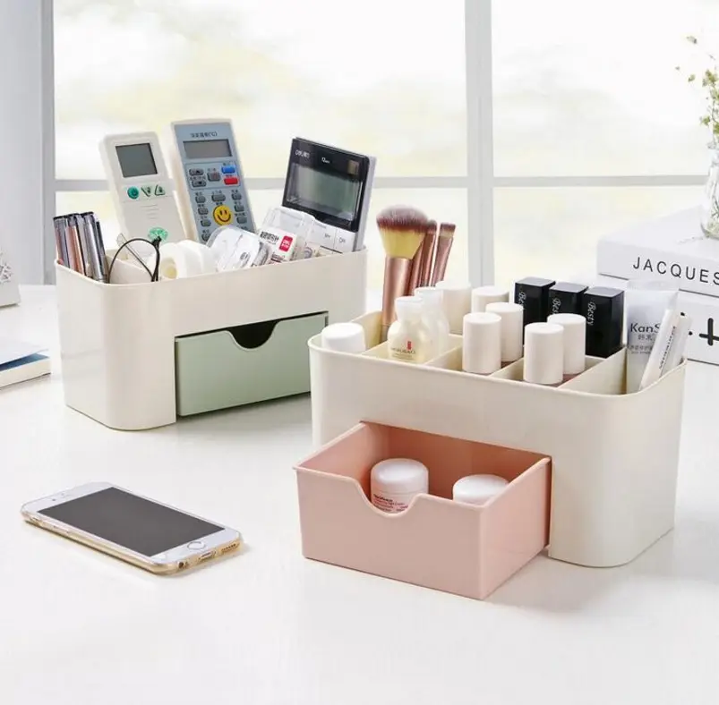 Kotak Organizer, meja rias, kotak penyimpanan perhiasan dengan laci, kotak penyimpanan kosmetik Desktop, plastik kendali jarak jauh alat tulis