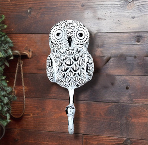 ตะขอแขวนเสื้อโค้ทและหมวกเหล็กสีขาวทำด้วยมือพร้อมรูปปั้นนกฮูกติดผนัง - Product Image 2