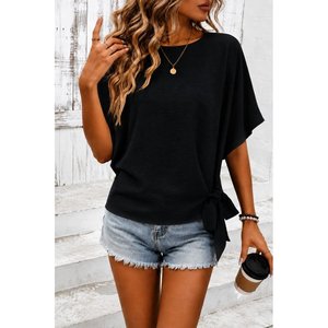 Women'<b>s</b> Short-Sleeved Crew Neck Side-Tie Aerobin <b>Blouse</b>, 37391 - Black - Product Image 1