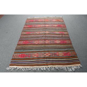 Turkish Vintage Kilim Rug 4.6x7 ft (139x212 cm), <b>Red</b> Check <b>Wool</b> Rug - Product Image 1