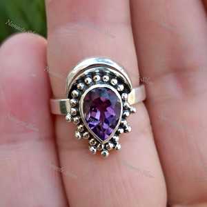 <b>Amethyst</b> <b>Ring</b> 925 Sterling <b>Silver</b>: Handmade Pear Shape Purple Gemstone - Product Image 5