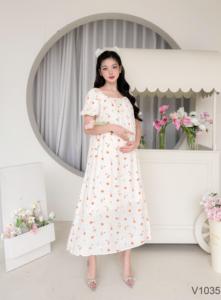 V1035 Super Cool Soft Floral Linen Dress for Pregnant Women 2-Layer Elastic Buttons to Adjust Belly-Maternity Clothing - Product Image 6