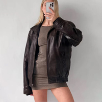 Veste en cuir d'agneau vintage des années 90 pour femmes, coupe ample, droite, faite à la main, veste bomber d'hiver, fermeture éclair, taille plus, douce et matelassée