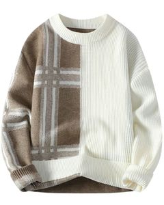 White Brown Patchwork Checkered Knitted Winter Sweater Warm Soft Casual Pullover Stylish Cozy Fashion Wear For <b>Men</b> - Product Image 1