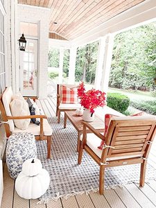 Conjunto de sofá de jardín sencillo Dixon fabricado en madera de teca maciza de alta calidad y cojín impermeable con acabado natural para uso en exteriores. - Product Image 4