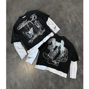 Alta calidad 100% algodón doble capa manga larga peso pesado precio al por mayor camiseta lavado ácido impresión personalizada camiseta para hombres - Product Image 4